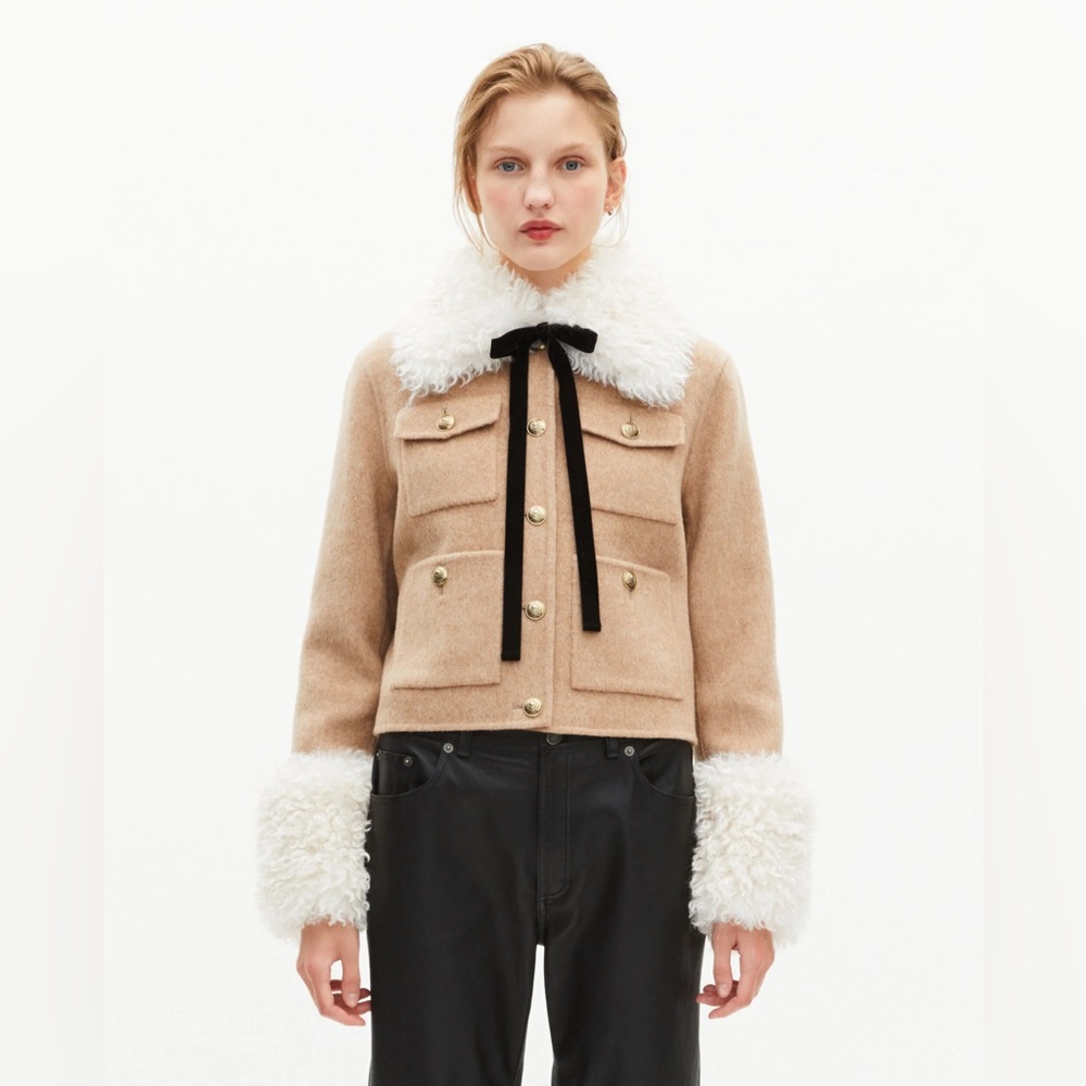 The Kooples Short Wool Jacket with Beige Sherpa Collar